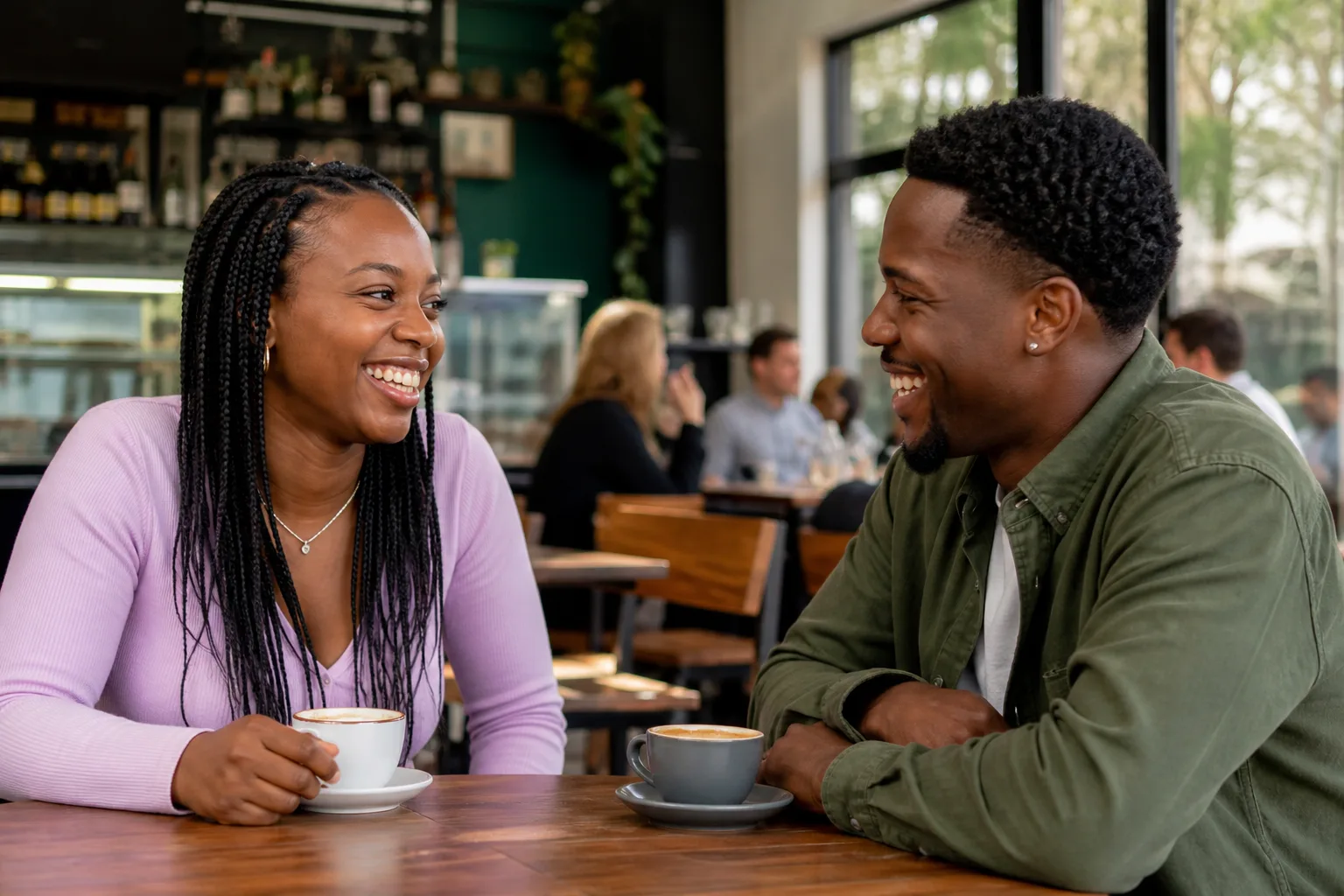 Black couple chatting together at a relaxed Worcestershire café