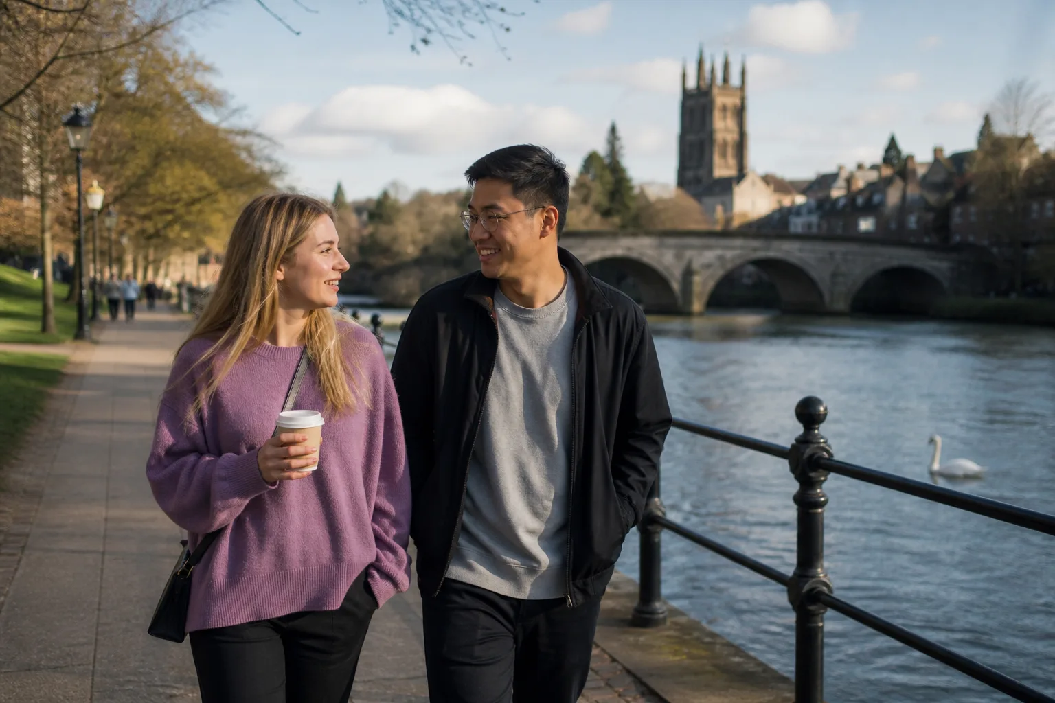 Couple walking beside the River Severn in Worcester