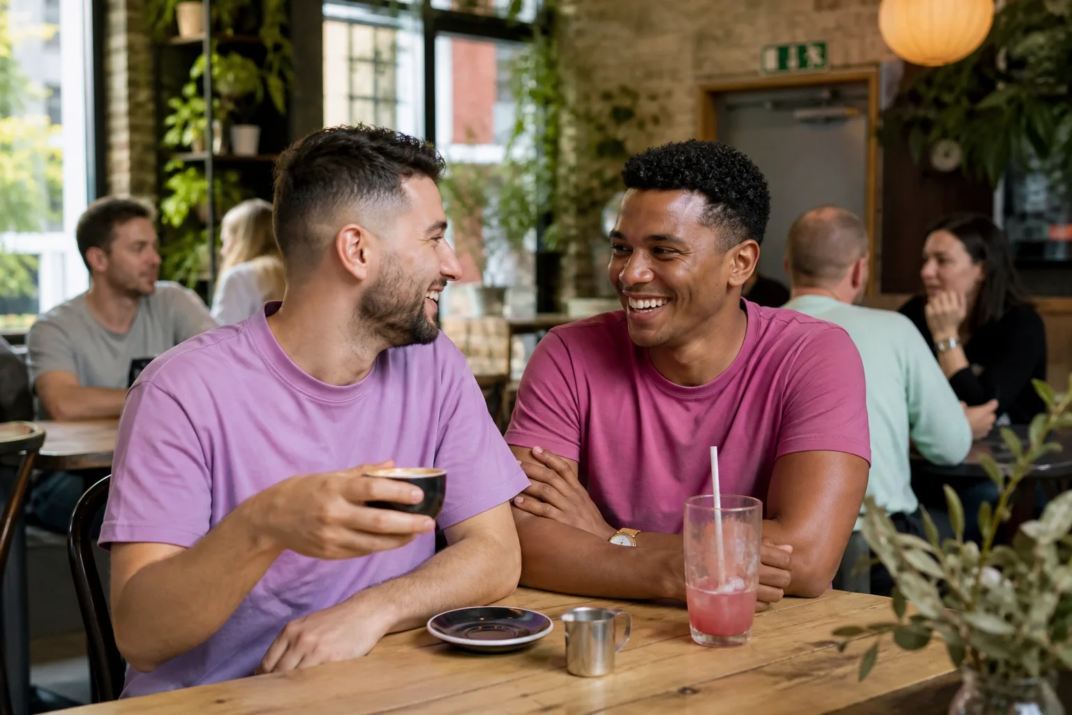 Two men chatting over coffee in Kidderminster