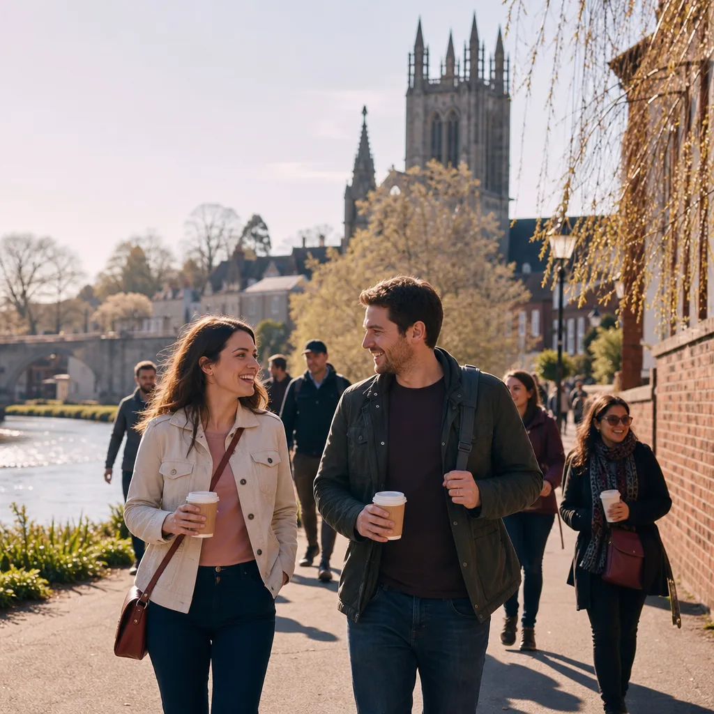 A couple walking on the riverside path near Diglis in Worcester