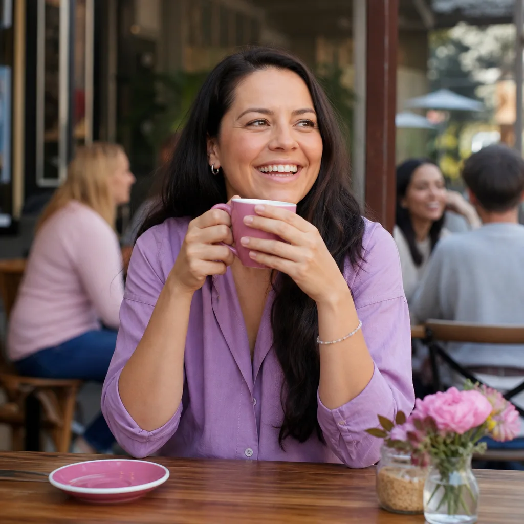 Two adults meeting in a busy public café for a first date