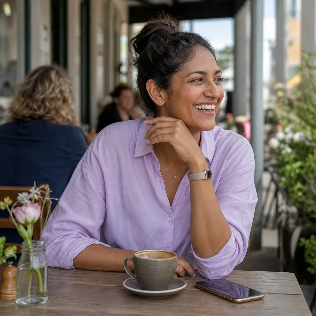 Two people meeting at a busy public café in Worcestershire