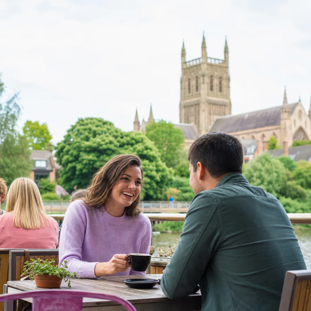 Two adults chatting in a busy public café in Worcester